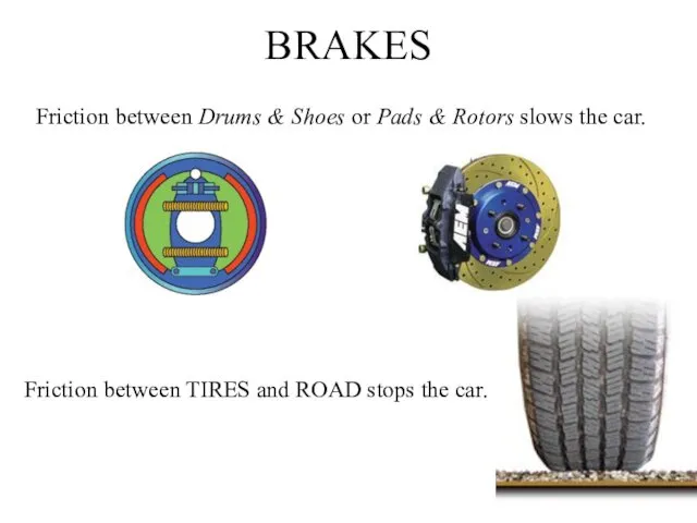 BRAKES Friction between Drums & Shoes or Pads & Rotors slows the car.