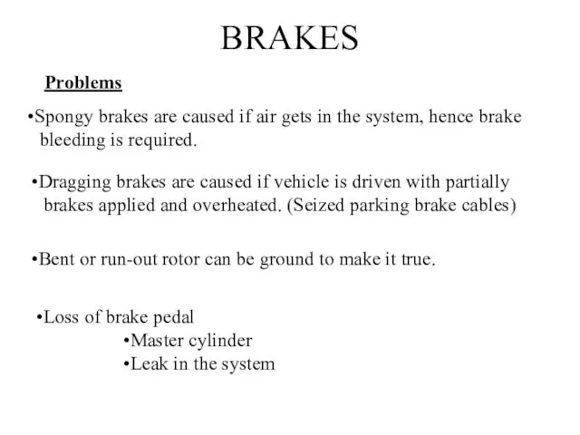 BRAKES Problems Spongy brakes are caused if air gets in the system, hence