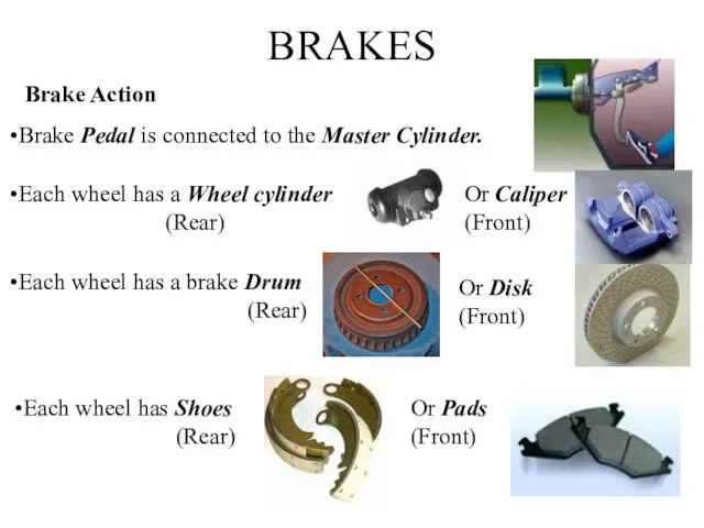 BRAKES Brake Action Brake Pedal is connected to the Master Cylinder. Each wheel