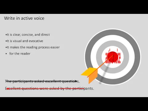active voice Write in active voice It is clear, concise, and direct It