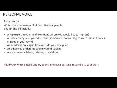 PERSONAL VOICE Things to try: Write down the names of at least five