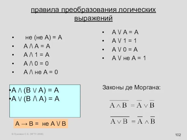 © Луковкин С.Б. (МГТУ-2008) правила преобразования логических выражений не (не