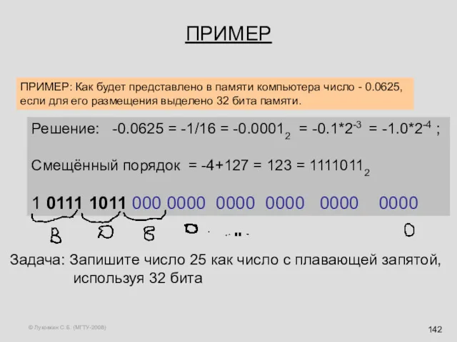 © Луковкин С.Б. (МГТУ-2008) ПРИМЕР ПРИМЕР: Как будет представлено в памяти компьютера число