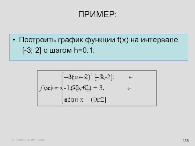 © Луковкин С.Б. (МГТУ-2008) ПРИМЕР: Построить график функции f(x) на интервале [-3; 2] с шагом h=0.1: