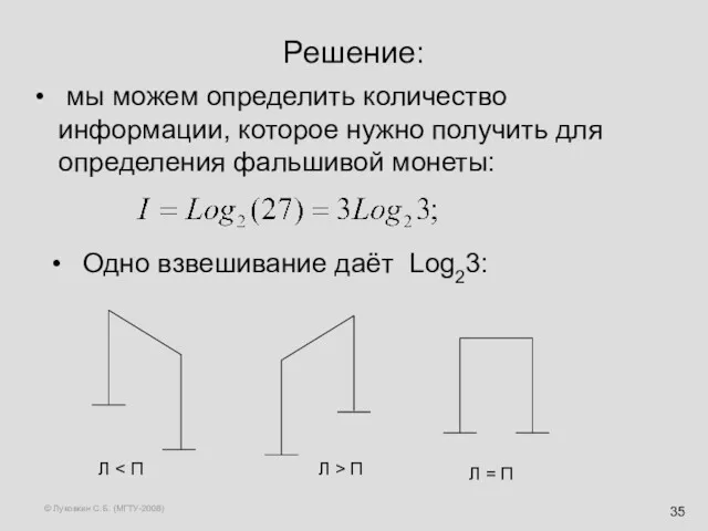 © Луковкин С.Б. (МГТУ-2008) Решение: мы можем определить количество информации, которое нужно получить