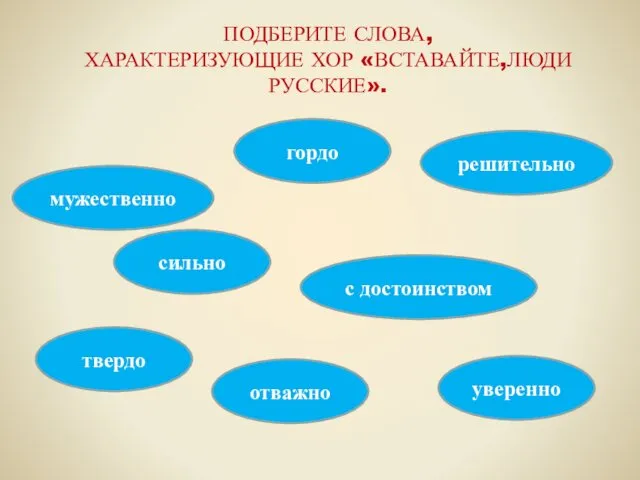 ПОДБЕРИТЕ СЛОВА, ХАРАКТЕРИЗУЮЩИЕ ХОР «ВСТАВАЙТЕ,ЛЮДИ РУССКИЕ». сильно мужественно гордо твердо с достоинством отважно уверенно решительно