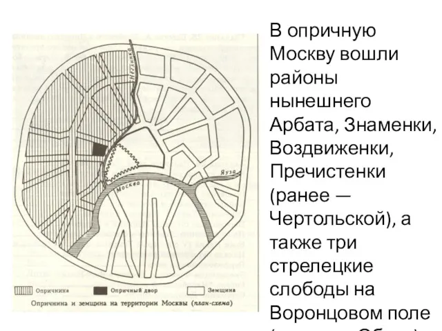 В опричную Москву вошли районы нынешнего Арбата, Знаменки, Воздвиженки, Пречистенки