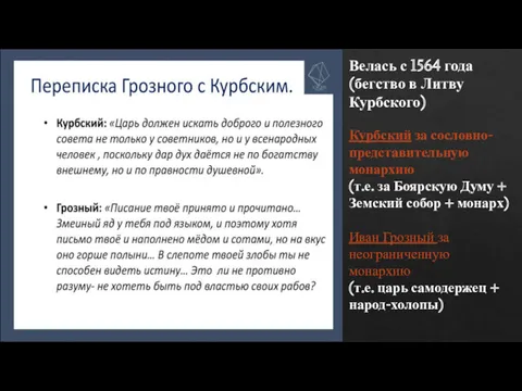 Велась с 1564 года (бегство в Литву Курбского) Курбский за