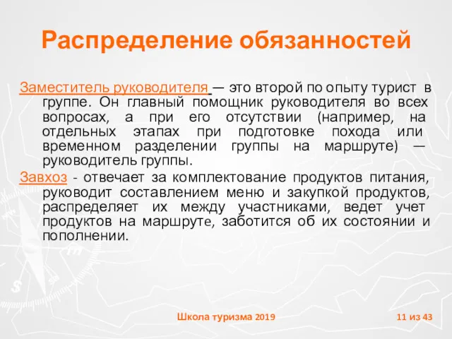 Распределение обязанностей Заместитель руководителя — это второй по опыту турист