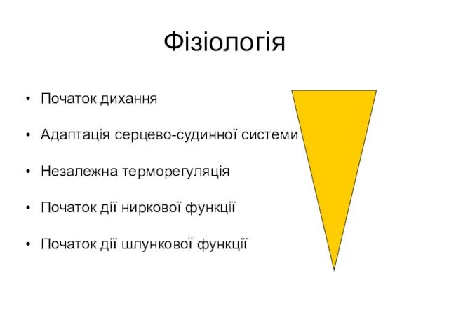 Фізіологія Початок дихання Адаптація серцево-судинної системи Незалежна терморегуляція Початок дії ниркової функції Початок дії шлункової функції