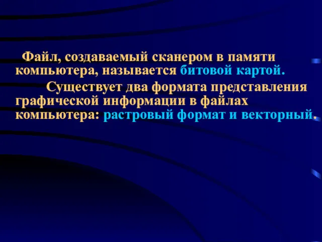 Файл, создаваемый сканером в памяти компьютера, называется битовой картой. Существует