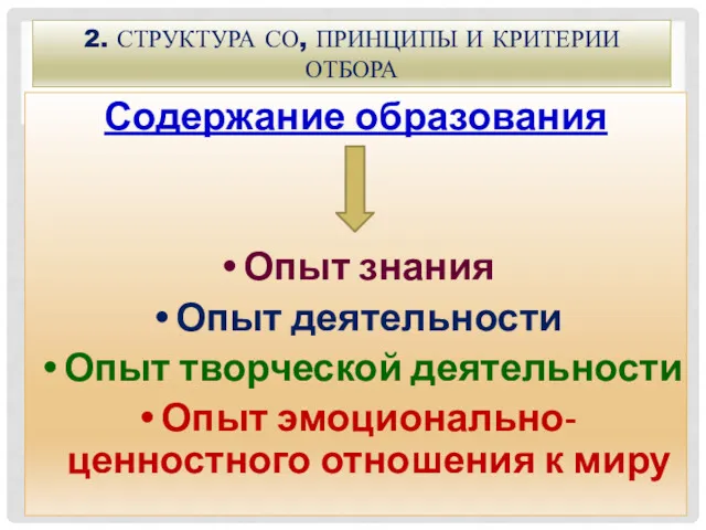 2. СТРУКТУРА СО, ПРИНЦИПЫ И КРИТЕРИИ ОТБОРА Содержание образования Опыт