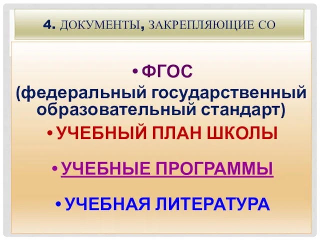 4. ДОКУМЕНТЫ, ЗАКРЕПЛЯЮЩИЕ СО ФГОС (федеральный государственный образовательный стандарт) УЧЕБНЫЙ ПЛАН ШКОЛЫ УЧЕБНЫЕ ПРОГРАММЫ УЧЕБНАЯ ЛИТЕРАТУРА