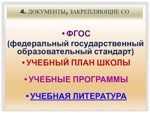 4. ДОКУМЕНТЫ, ЗАКРЕПЛЯЮЩИЕ СО ФГОС (федеральный государственный образовательный стандарт) УЧЕБНЫЙ ПЛАН ШКОЛЫ УЧЕБНЫЕ ПРОГРАММЫ УЧЕБНАЯ ЛИТЕРАТУРА