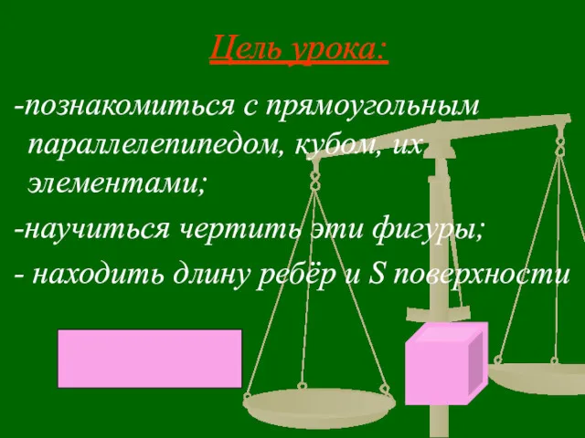 Цель урока: -познакомиться с прямоугольным параллелепипедом, кубом, их элементами; -научиться