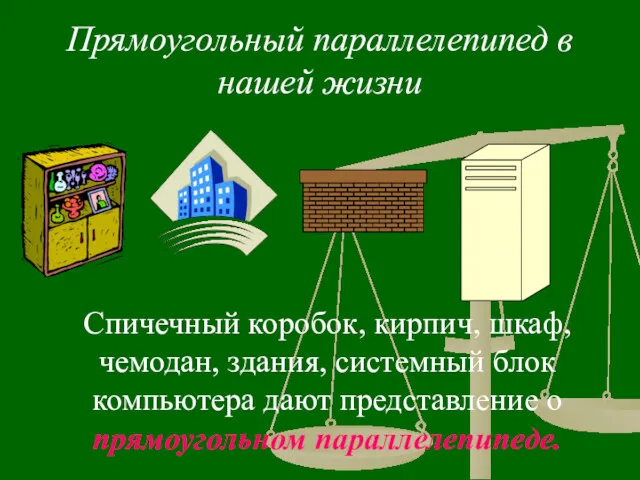 Прямоугольный параллелепипед в нашей жизни Спичечный коробок, кирпич, шкаф, чемодан,