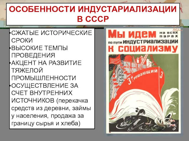 ОСОБЕННОСТИ ИНДУСТАРИАЛИЗАЦИИ В СССР СЖАТЫЕ ИСТОРИЧЕСКИЕ СРОКИ ВЫСОКИЕ ТЕМПЫ ПРОВЕДЕНИЯ