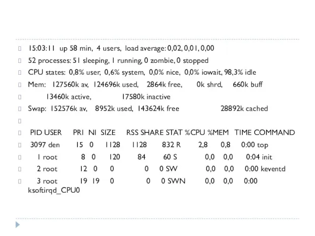 15:03:11 up 58 min, 4 users, load average: 0,02, 0,01,