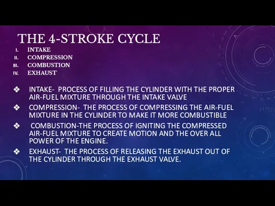 THE 4-STROKE CYCLE INTAKE COMPRESSION COMBUSTION EXHAUST INTAKE- PROCESS OF