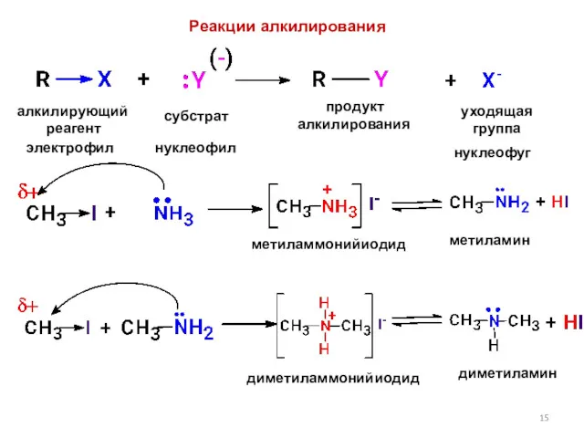 алкилирующий реагент субстрат продукт алкилирования уходящая группа электрофил нуклеофил нуклеофуг метиламмонийиодид метиламин диметиламмонийиодид диметиламин Реакции алкилирования