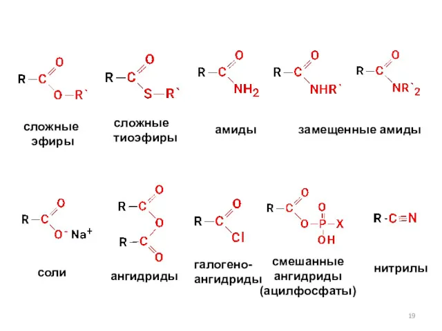 сложные эфиры сложные тиоэфиры амиды замещенные амиды соли ангидриды галогено- ангидриды смешанные ангидриды (ацилфосфаты) нитрилы