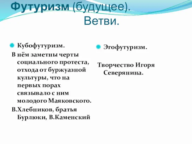 Футуризм (будущее). Ветви. Кубофутуризм. В нём заметны черты социального протеста,