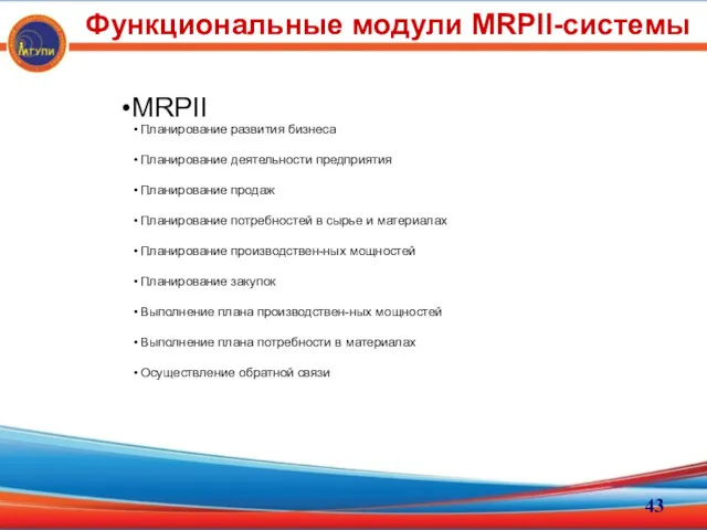 Функциональные модули MRPII-системы MRPII Планирование развития бизнеса Планирование деятельности предприятия Планирование продаж Планирование