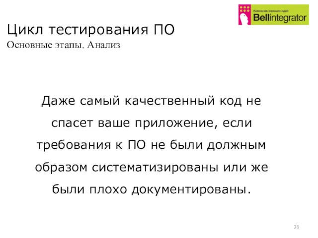 Цикл тестирования ПО Основные этапы. Анализ Даже самый качественный код