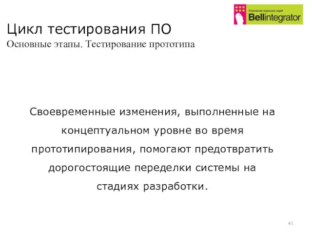 Цикл тестирования ПО Основные этапы. Тестирование прототипа Своевременные изменения, выполненные