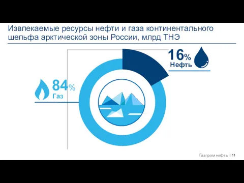 Извлекаемые ресурсы нефти и газа континентального шельфа арктической зоны России, млрд ТНЭ 16% Нефть 84% Газ