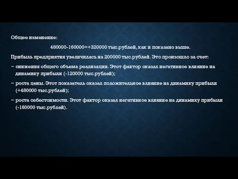 Общее изменение: 480000-160000=+320000 тыс.рублей, как и показано выше. Прибыль предприятия