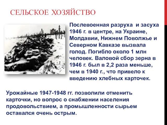 СЕЛЬСКОЕ ХОЗЯЙСТВО Послевоенная разруха и засуха 1946 г. в центре,