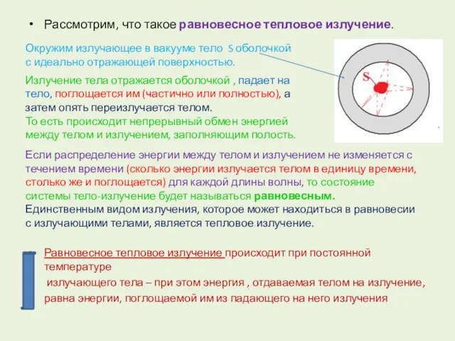 Рассмотрим, что такое равновесное тепловое излучение. Равновесное тепловое излучение происходит