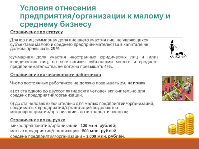 Условия отнесения предприятия/организации к малому и среднему бизнесу Ограничение по