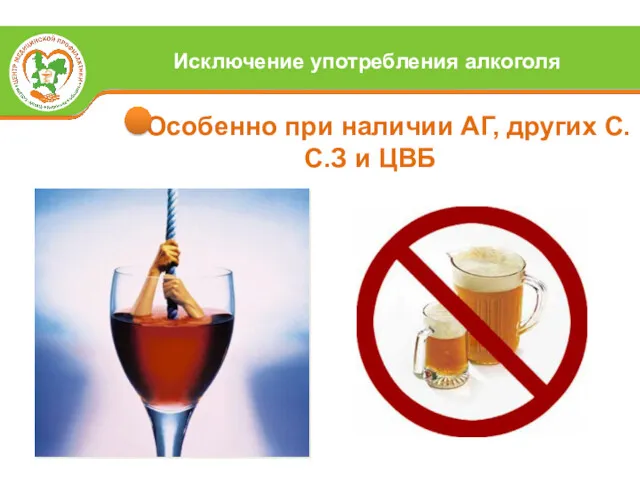 Особенно при наличии АГ, других С.С.З и ЦВБ Исключение употребления алкоголя