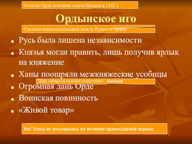 Ордынское иго Русь была лишена независимости Князья могли править, лишь