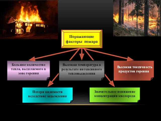 Поражающие факторы пожара Большое количество тепла, выделяемого в зоне горения