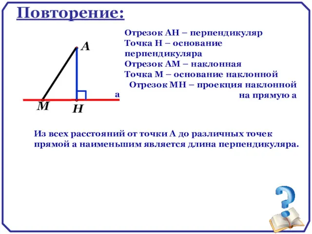 А а Повторение: Отрезок АН – перпендикуляр Точка Н – основание перпендикуляра Отрезок