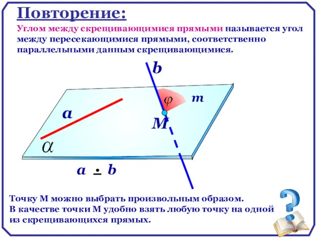 Повторение: Углом между скрещивающимися прямыми называется угол между пересекающимися прямыми,