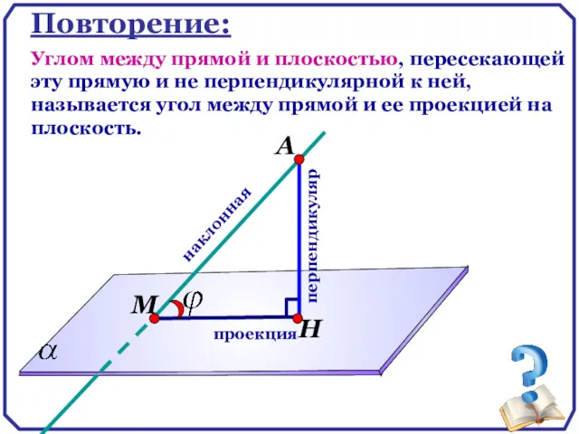 Повторение: Углом между прямой и плоскостью, пересекающей эту прямую и не перпендикулярной к