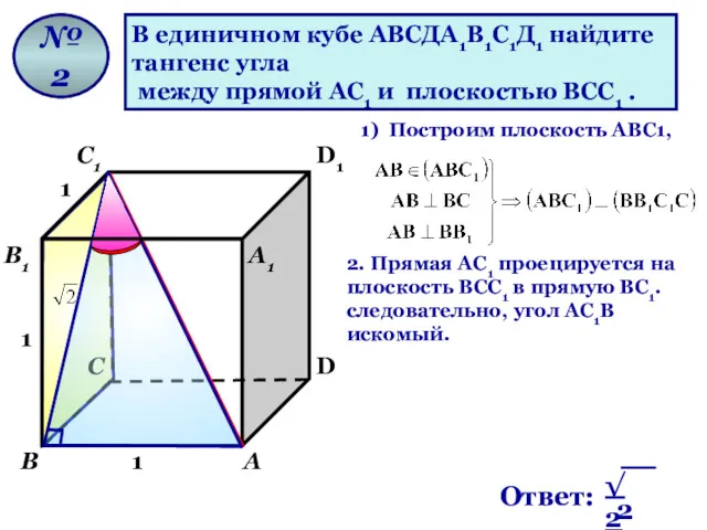 В единичном кубе АВСДА1В1С1Д1 найдите тангенс угла между прямой АС1 и плоскостью ВСС1