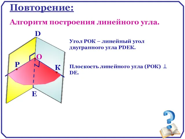 Повторение: Алгоритм построения линейного угла. D E Угол РОК – линейный угол двугранного