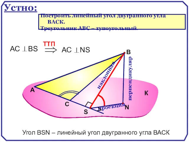 А В перпендикуляр наклонная проекция Угол ВSN – линейный угол двугранного угла ВАСК