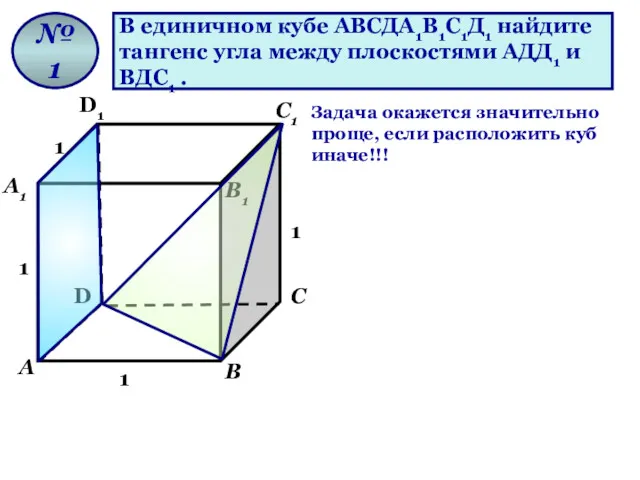 В единичном кубе АВСДА1В1С1Д1 найдите тангенс угла между плоскостями АДД1 и ВДС1 .