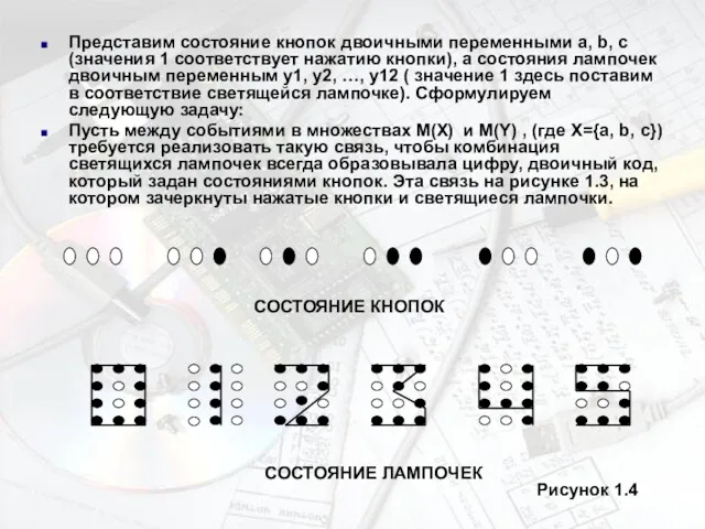 Представим состояние кнопок двоичными переменными a, b, c (значения 1