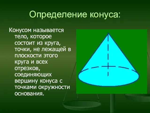 Определение конуса: Конусом называется тело, которое состоит из круга, точки,