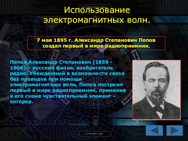 Использование электромагнитных волн. 7 мая 1895 г. Александр Степанович Попов
