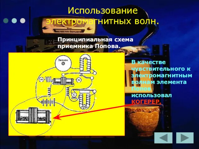 Использование электромагнитных волн. Принципиальная схема приемника Попова. В качестве чувствительного