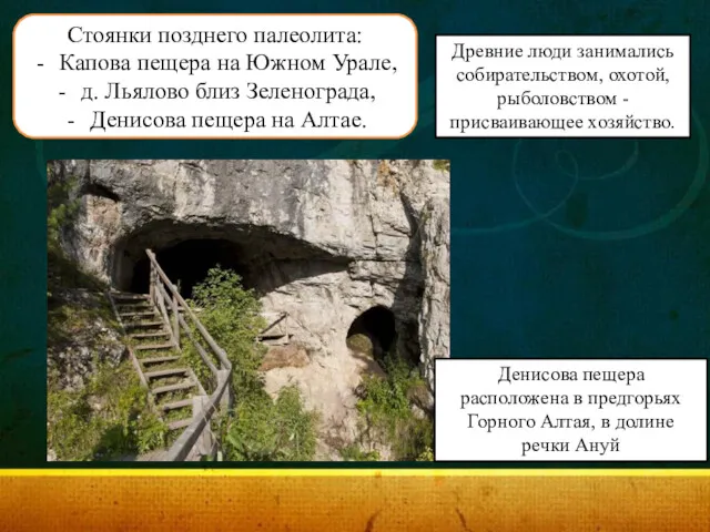 Стоянки позднего палеолита: Капова пещера на Южном Урале, д. Льялово близ Зеленограда, Денисова