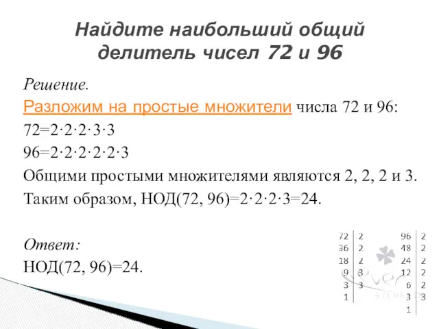 Решение. Разложим на простые множители числа 72 и 96: 72=2·2·2·3·3